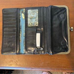HOBO Black Leather Wallet with Blue Paisley Interior